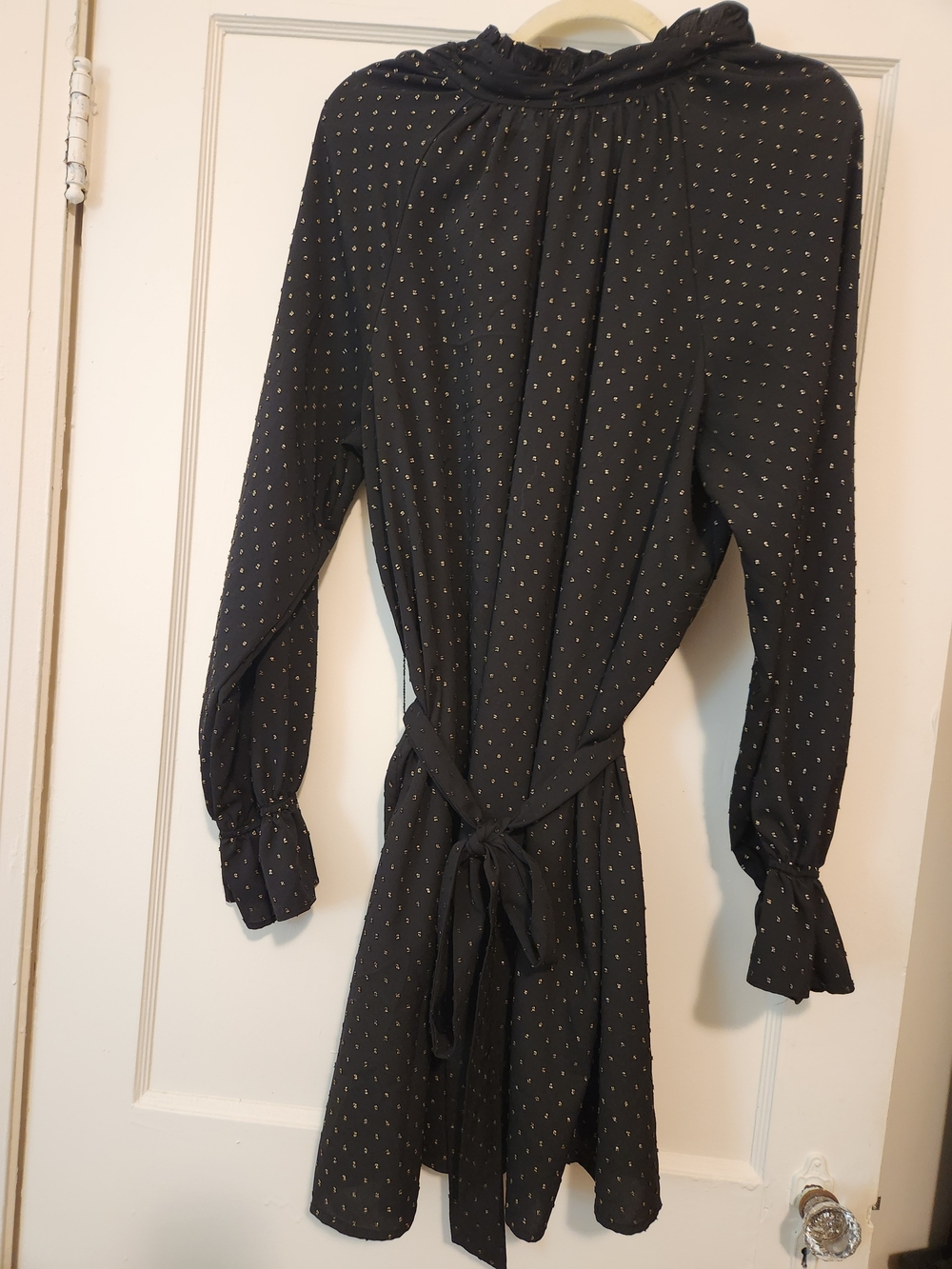 Ryegrass XL Black Gold Metallic Clip Dot Ruffle Neck Belted Dress